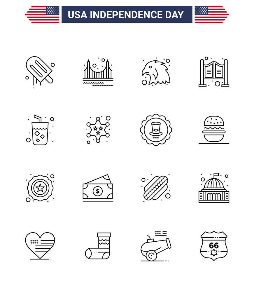 feliz día de la independencia paquete de iconos de 16 líneas para web e impresión bebida puerta de salón de turismo occidental editable elementos de diseño de vector de día de estados unidos