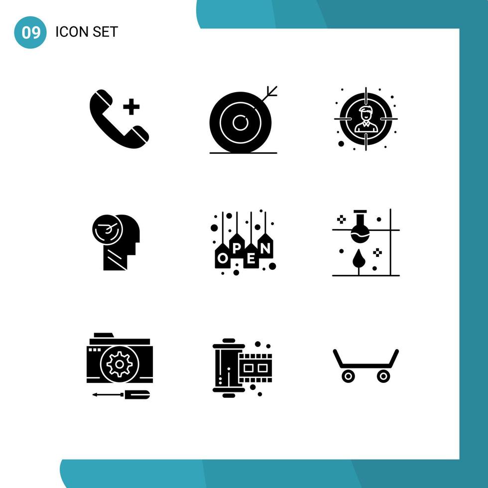 Mobile Interface Solid Glyph Set of 9 Pictograms of speed faster search brain user Editable Vector Design Elements