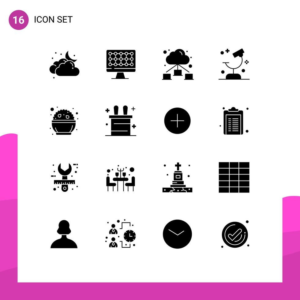 Mobile Interface Solid Glyph Set of 16 Pictograms of day food network science microscope Editable Vector Design Elements