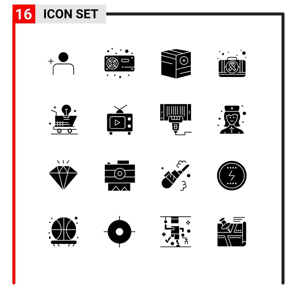 Set of 16 Vector Solid Glyphs on Grid for cart case add kit plus Editable Vector Design Elements