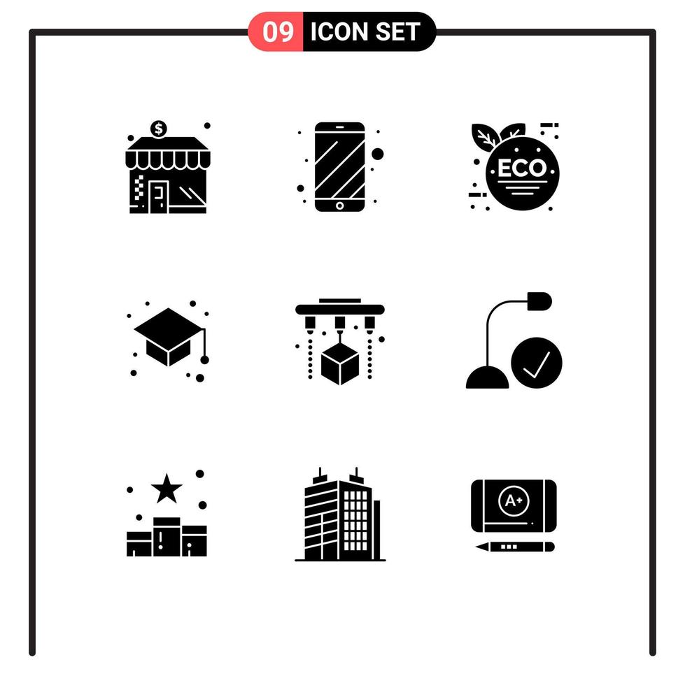 Modern Set of 9 Solid Glyphs Pictograph of scanner factory eco green study education Editable Vector Design Elements