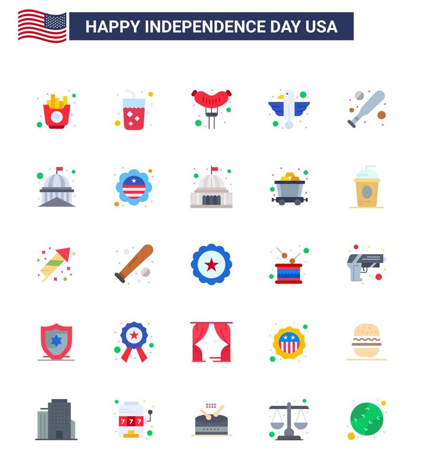 Set of 25 Modern Flats pack on USA Independence Day bat state food eagle animal Editable USA Day Vector Design Elements