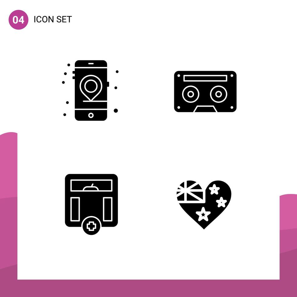 4 Universal Solid Glyphs Set for Web and Mobile Applications gps body seo audiotape medical Editable Vector Design Elements