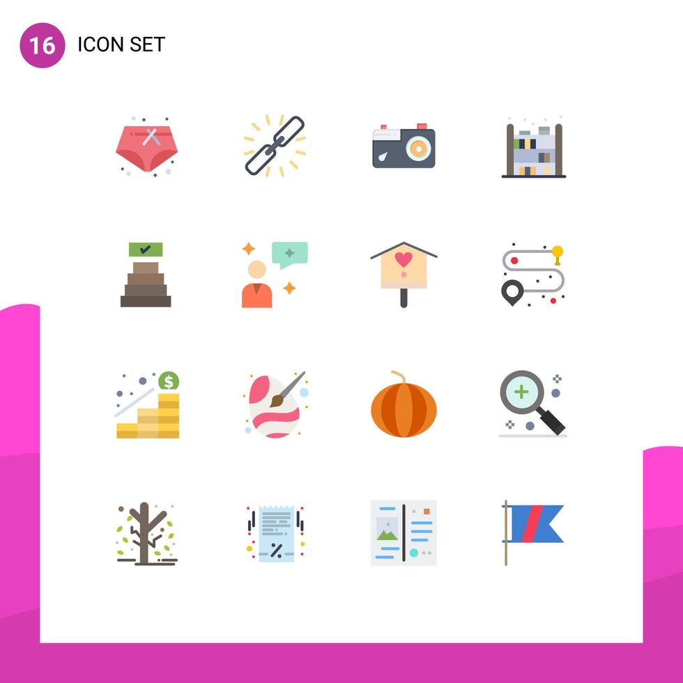 Mobile Interface Flat Color Set of 16 Pictograms of achievements success camera bookshelf home Editable Pack of Creative Vector Design Elements