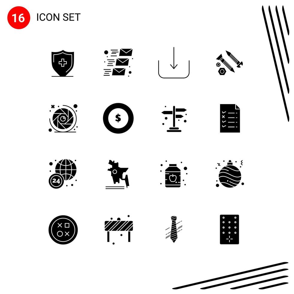 16 User Interface Solid Glyph Pack of modern Signs and Symbols of camera lens work download tool building Editable Vector Design Elements