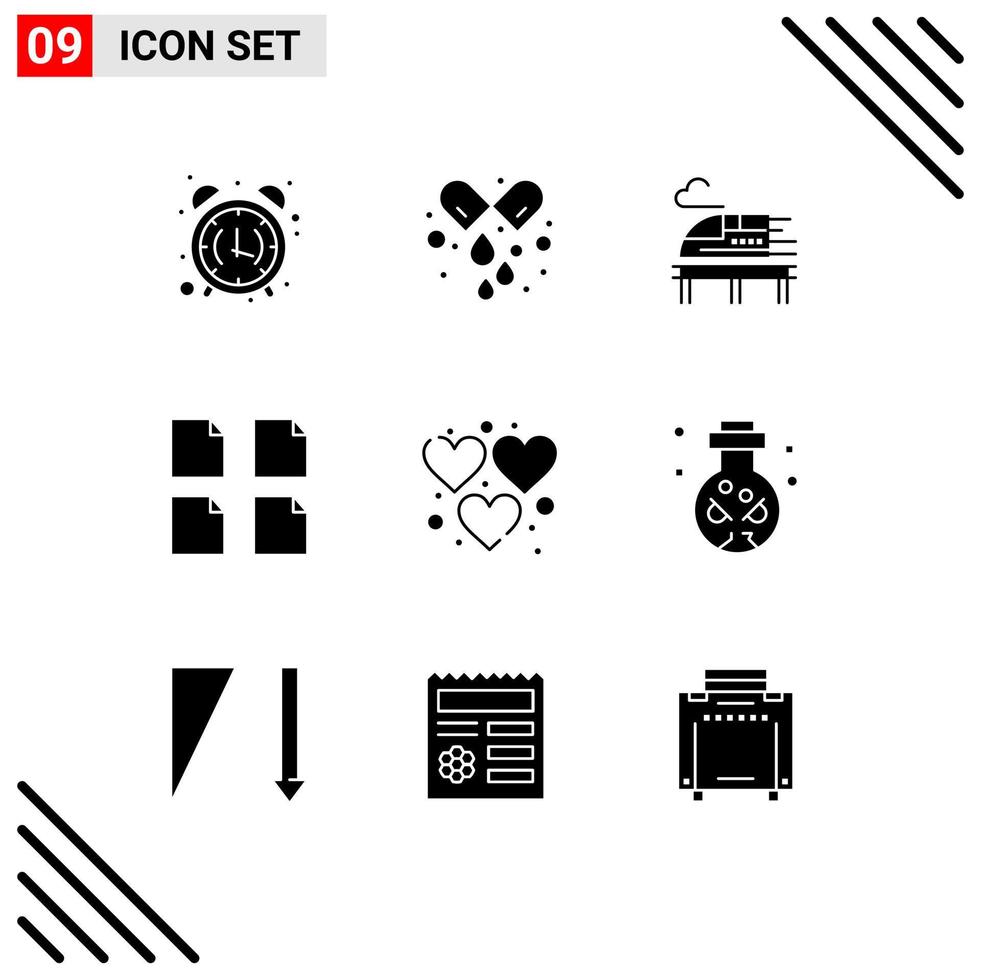 Group of 9 Solid Glyphs Signs and Symbols for game heart medicine multiple documents Editable Vector Design Elements