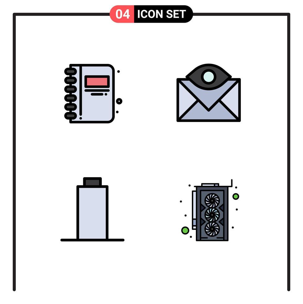 interfaz móvil línea de relleno conjunto de color plano de 4 pictogramas de batería de regreso a la escuela libro abierto contáctenos elementos de diseño vectorial editables multimedia vector