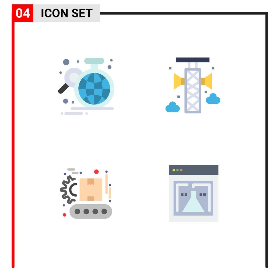 Mobile Interface Flat Icon Set of 4 Pictograms of analysis conveyor globe bullhorn manufacturing Editable Vector Design Elements