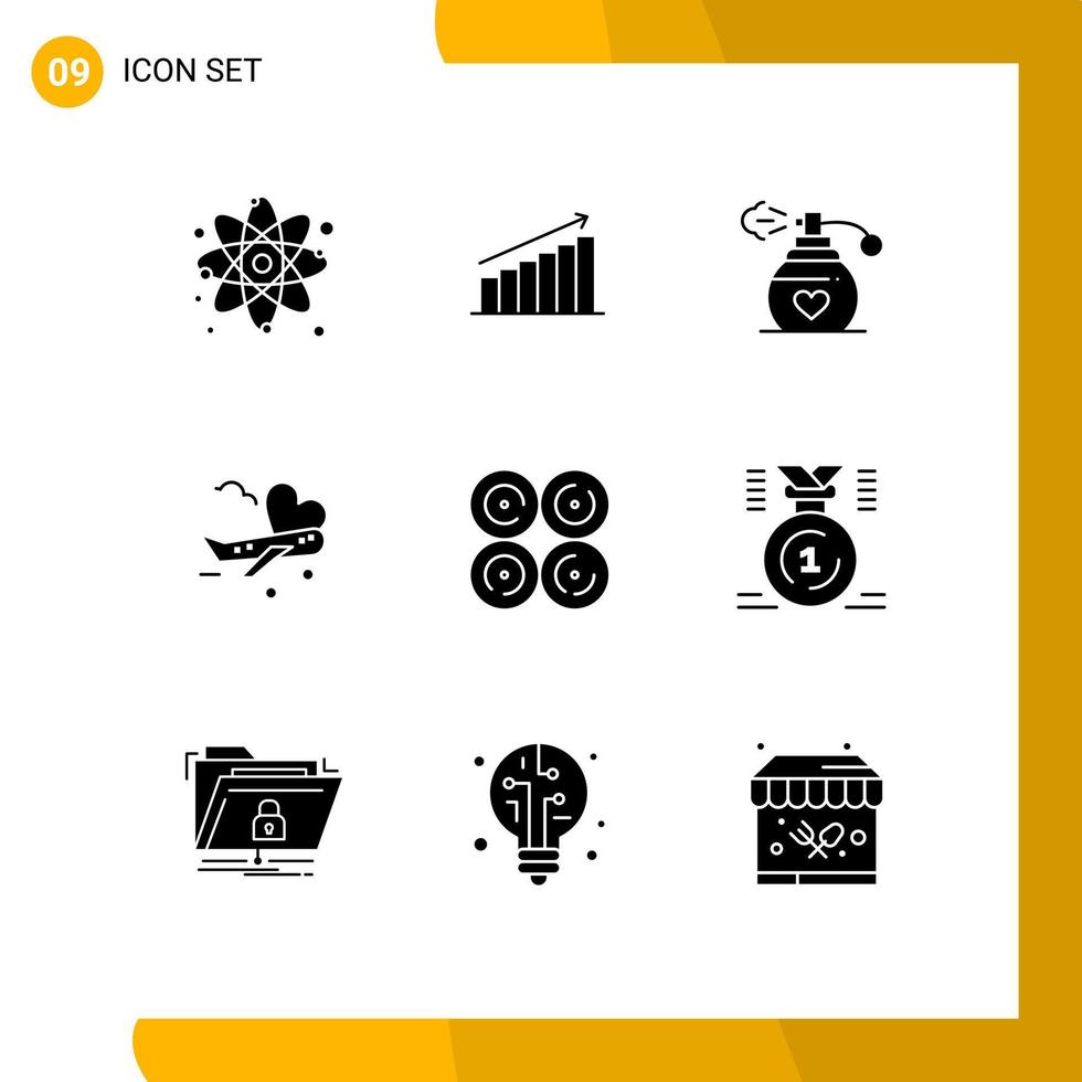 Mobile Interface Solid Glyph Set of 9 Pictograms of airport airplane graph fly love Editable Vector Design Elements