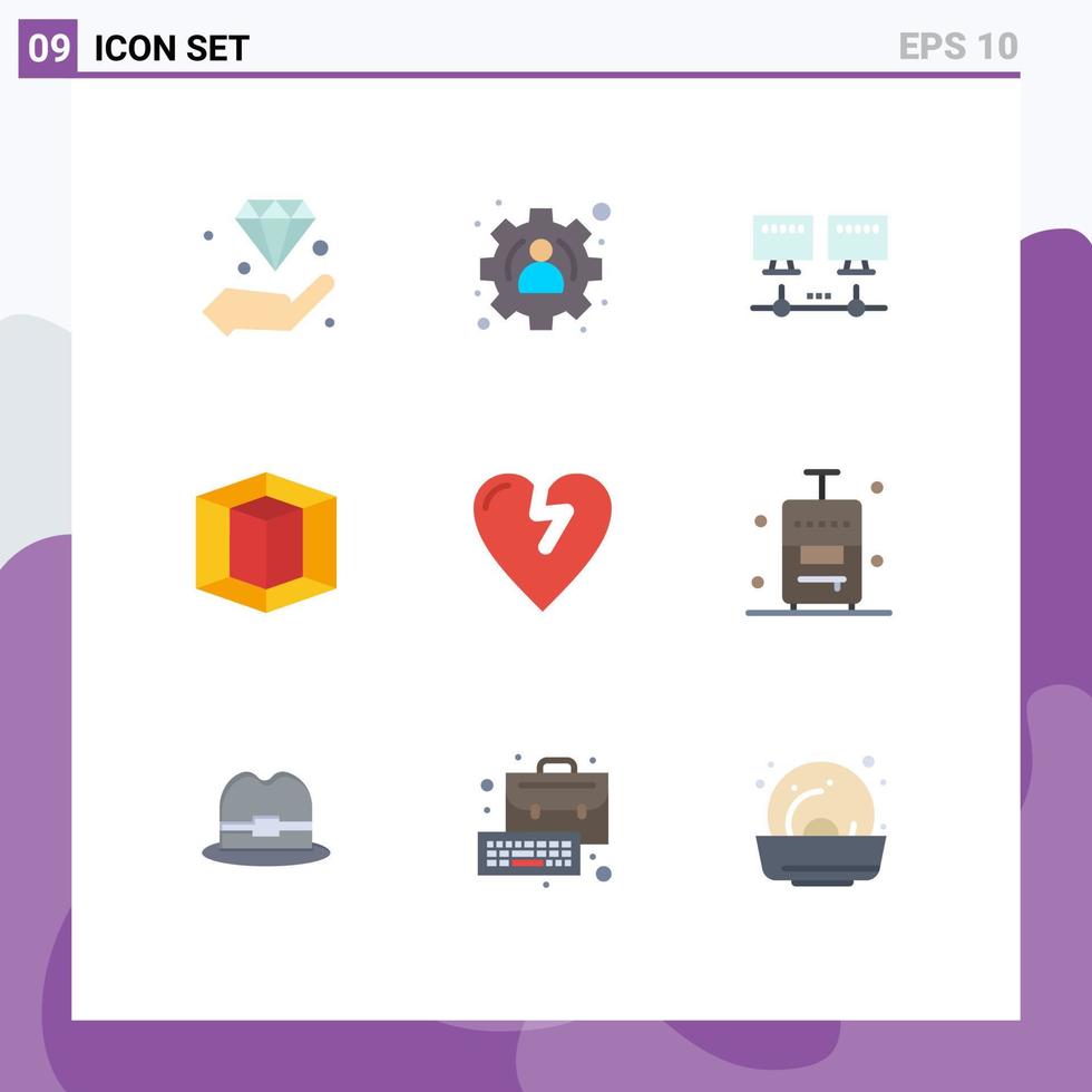 Editable Vector Line Pack of 9 Simple Flat Colors of bag infarct computer heart attack graphic Editable Vector Design Elements