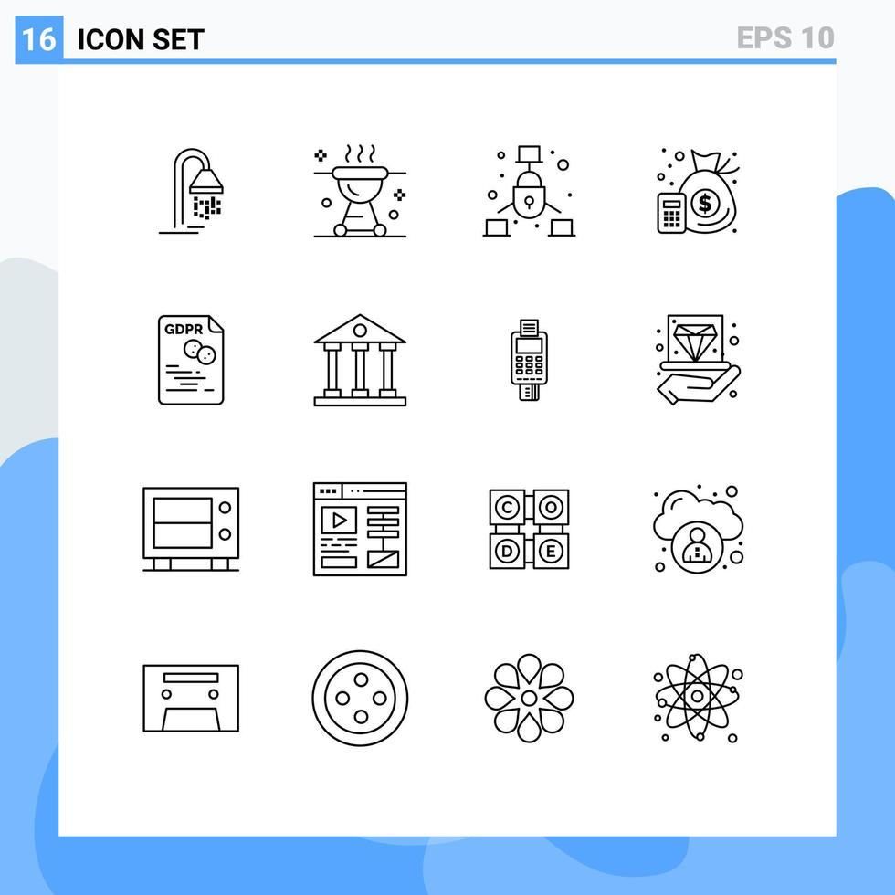 Pictogram Set of 16 Simple Outlines of data management meat finance security Editable Vector Design Elements