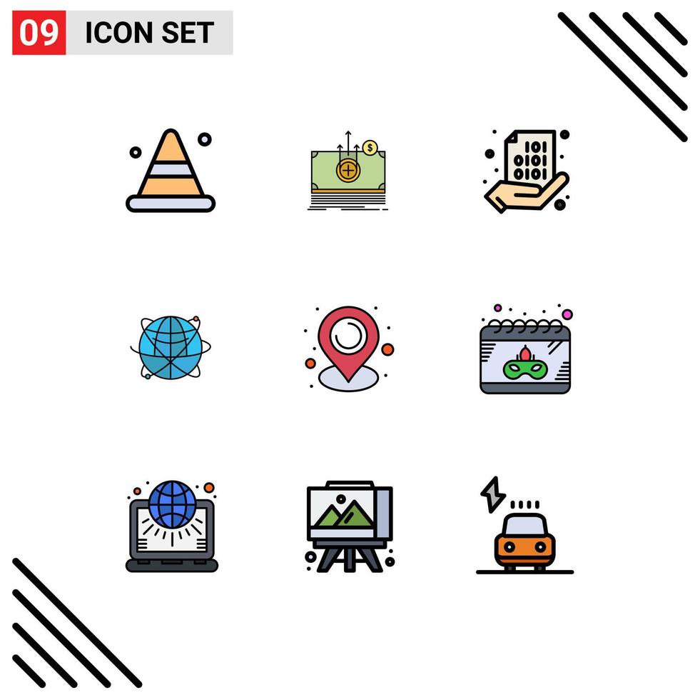 conjunto moderno de 9 colores y símbolos planos de línea de relleno, como código de datos de Internet, codificación comercial, elementos de diseño de vectores editables