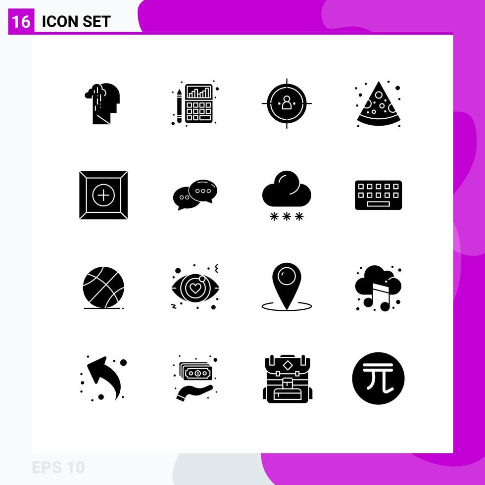 Set of 16 Vector Solid Glyphs on Grid for pizza food chart strategy people Editable Vector Design Elements
