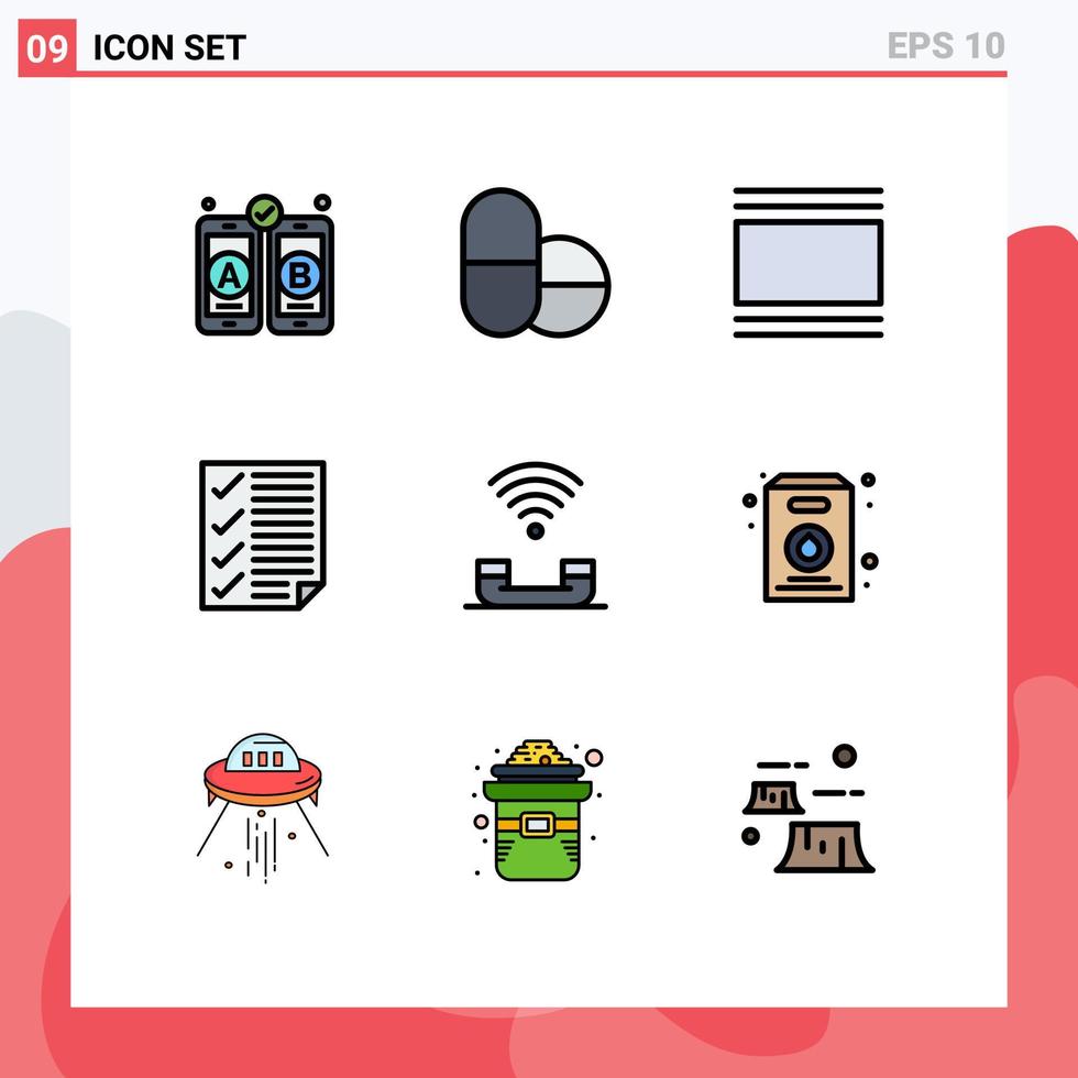 Pack of 9 Modern Filledline Flat Colors Signs and Symbols for Web Print Media such as productivity device thumbnails report document Editable Vector Design Elements