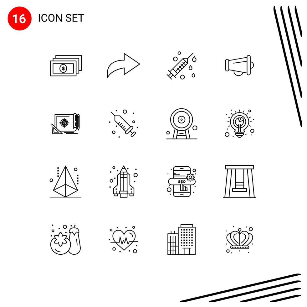 Set of 16 Commercial Outlines pack for injection marketing megaphone file target achievement Editable Vector Design Elements