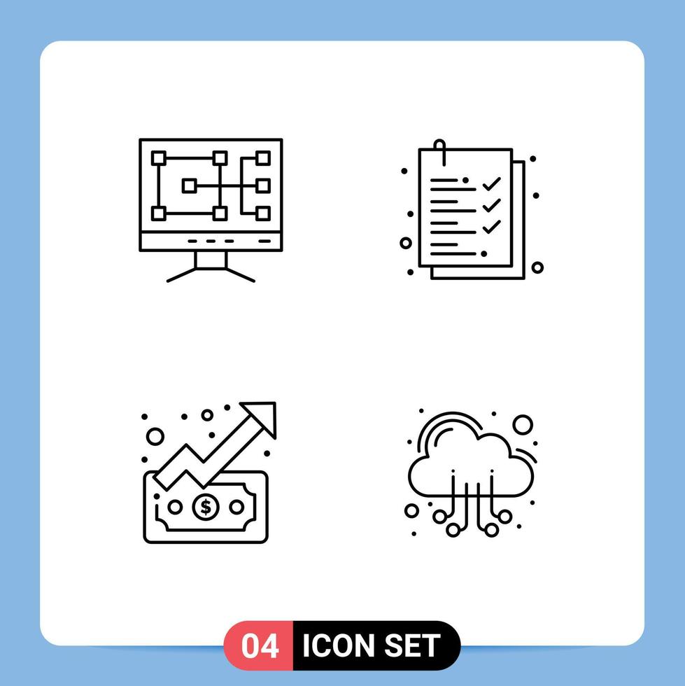Modern Set of 4 Filledline Flat Colors and symbols such as computer money check list graph hosting Editable Vector Design Elements