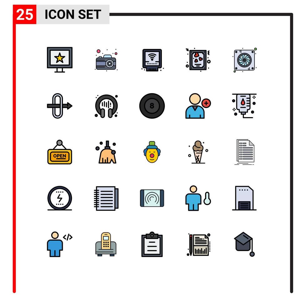 Filled line Flat Color Pack of 25 Universal Symbols of fan computer mechanical valentines heart Editable Vector Design Elements