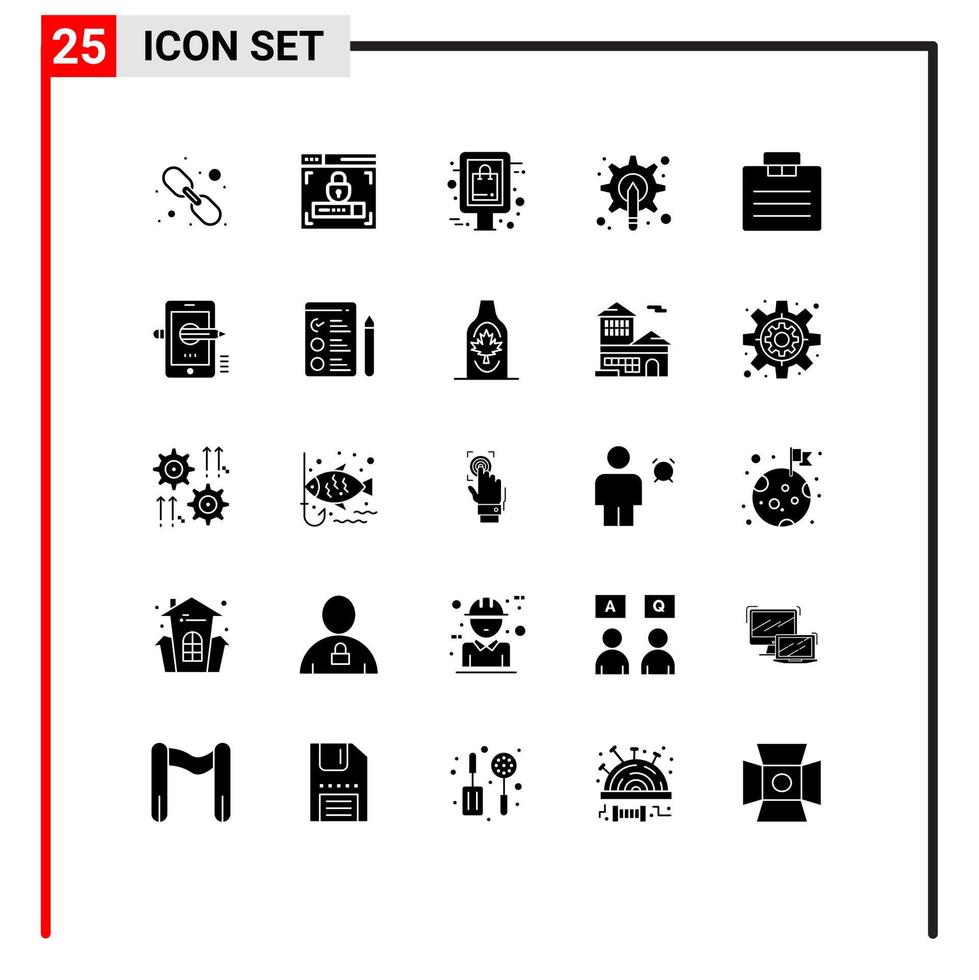 Solid Glyph Pack of 25 Universal Symbols of business gear board tool graphic Editable Vector Design Elements