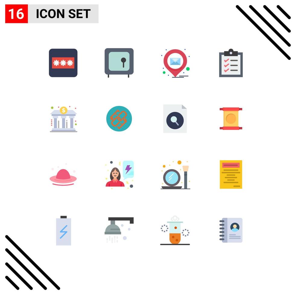 16 Universal Flat Color Signs Symbols of building bank email tasks clipboard Editable Pack of Creative Vector Design Elements