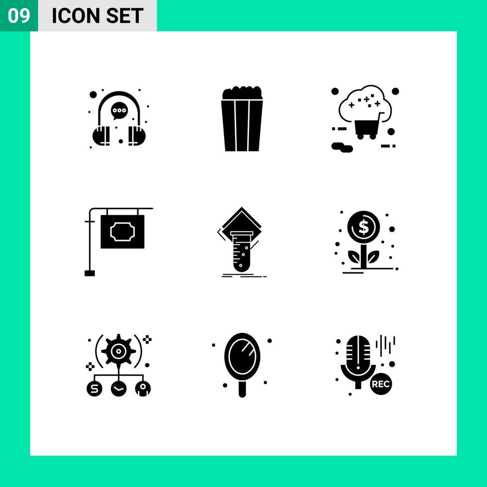 Group of 9 Modern Solid Glyphs Set for lab street buy stand shopping Editable Vector Design Elements