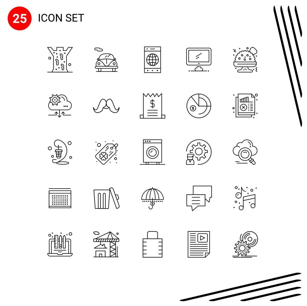 Pictogram Set of 25 Simple Lines of food fast food pc cell imac monitor Editable Vector Design Elements