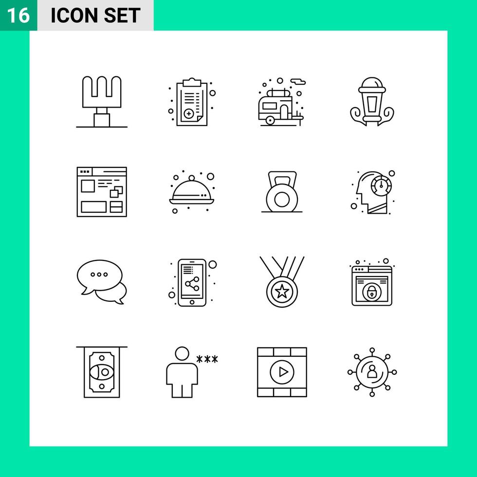 User Interface Pack of 16 Basic Outlines of window page motorhome internet lantern Editable Vector Design Elements