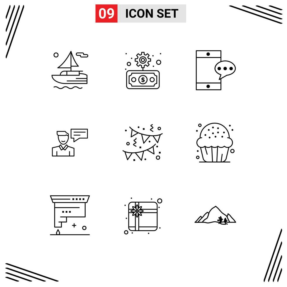 Universal Icon Symbols Group of 9 Modern Outlines of party birthday chatting conversation popup Editable Vector Design Elements