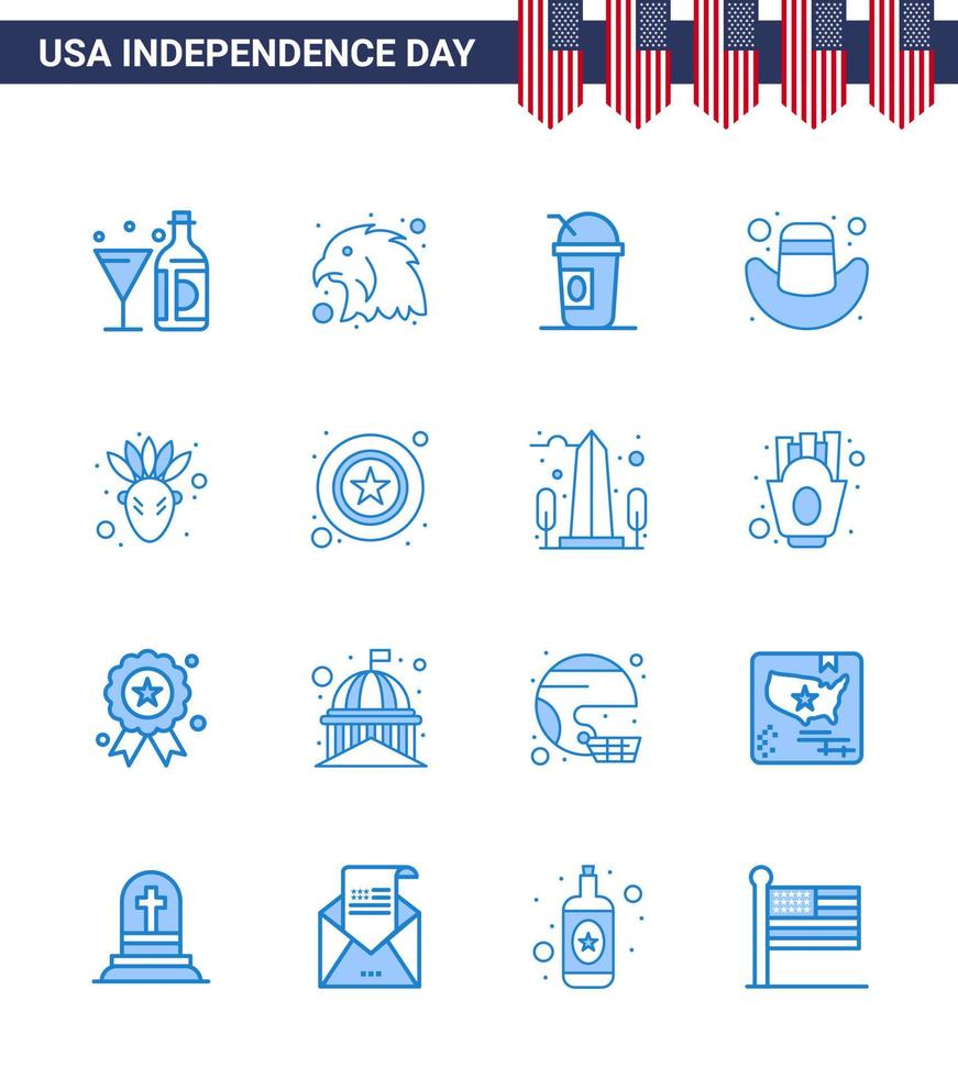 Pack of 16 creative USA Independence Day related Blues of thanksgiving american america hat american Editable USA Day Vector Design Elements