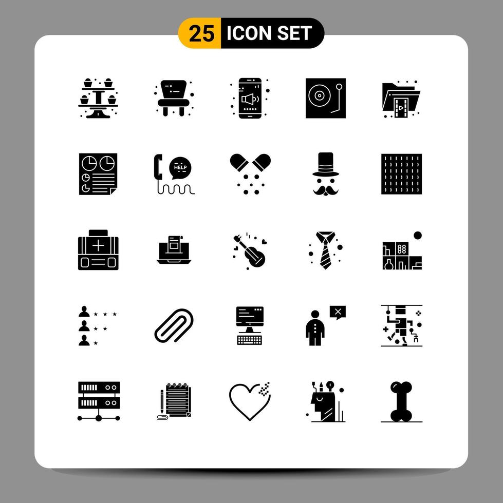 Pack of 25 creative Solid Glyphs of file vinyl mobile turntable dj Editable Vector Design Elements