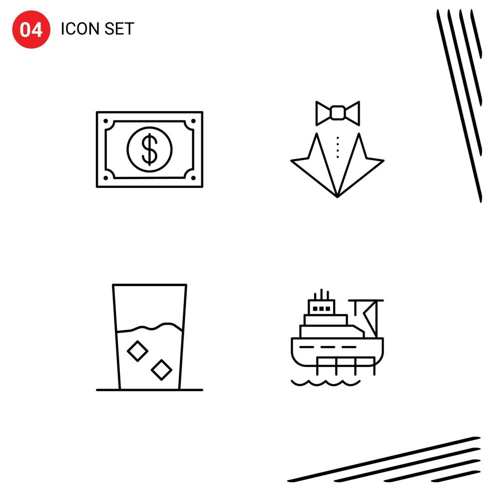 Mobile Interface Line Set of 4 Pictograms of currency tie watch heart and Editable Vector Design Elements