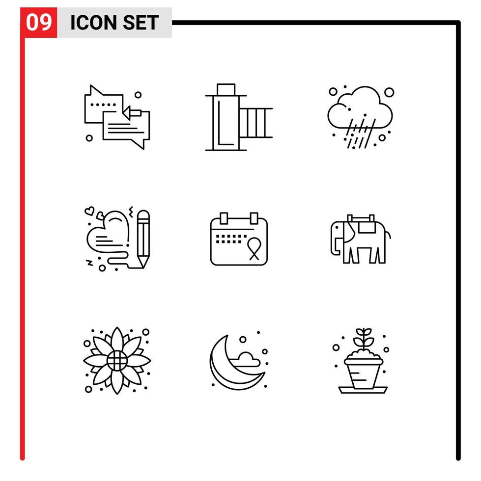 User Interface Pack of 9 Basic Outlines of calendar pen reel love weather Editable Vector Design Elements