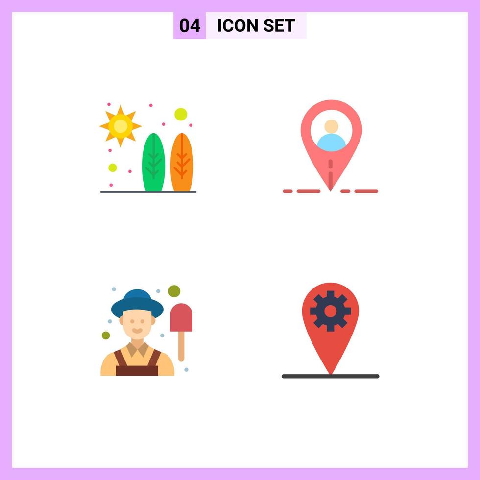 conjunto de pictogramas de 4 iconos planos simples de configuración de usuario de onda de jardín de playa elementos de diseño vectorial editables vector