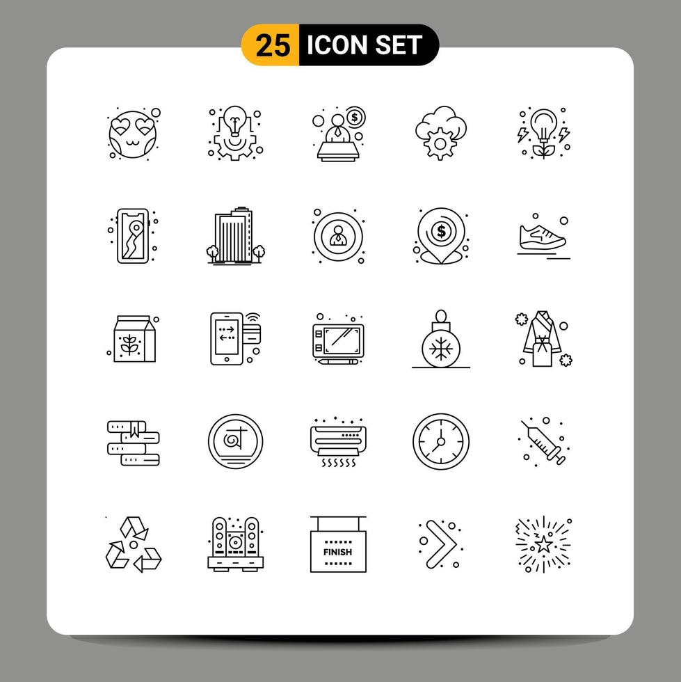 Pack of 25 Modern Lines Signs and Symbols for Web Print Media such as invention bulb project management technology cloud Editable Vector Design Elements