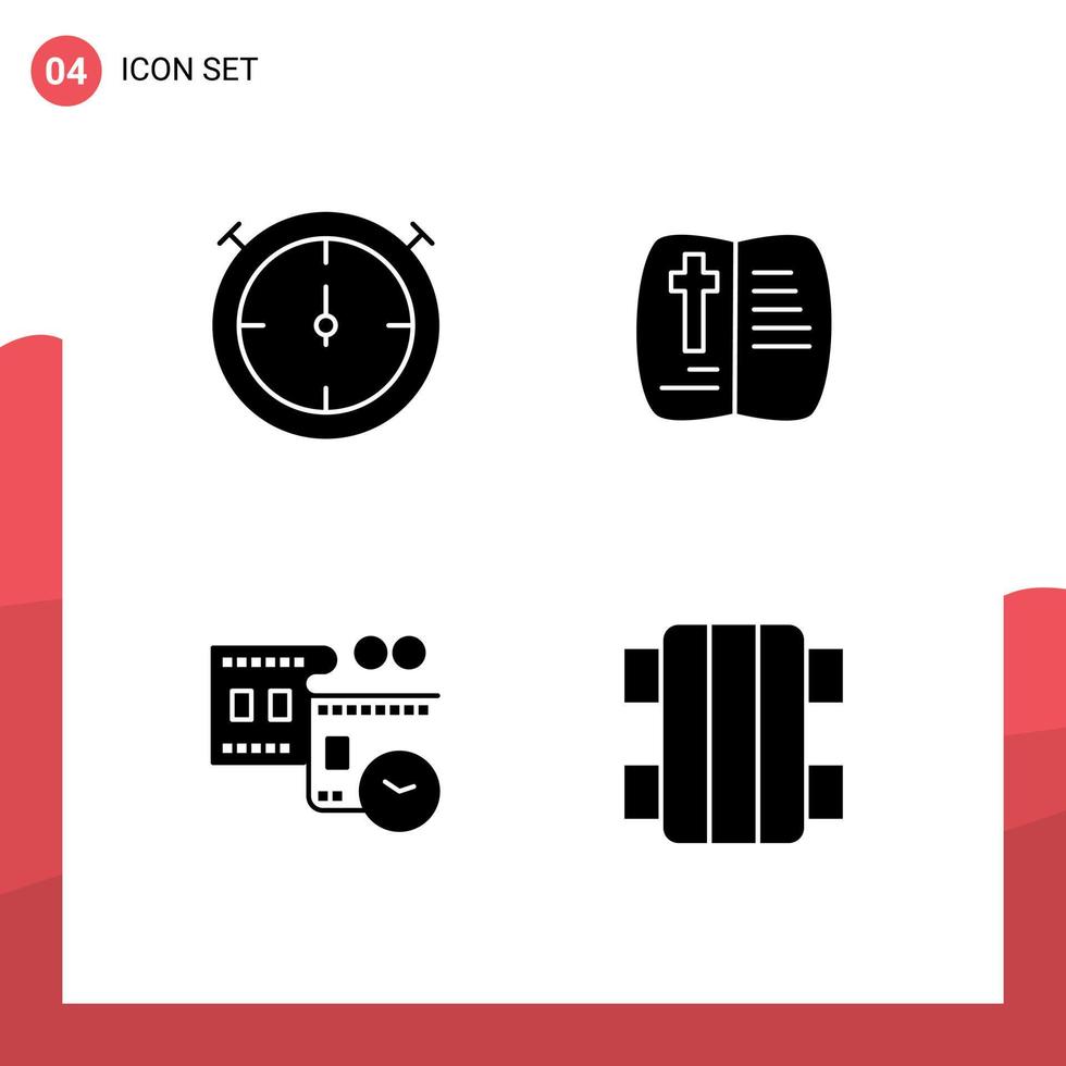 Set of 4 Commercial Solid Glyphs pack for stopwatch time open film reel game Editable Vector Design Elements