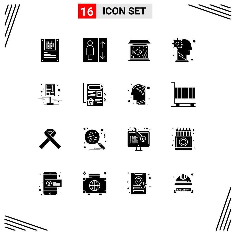 Pictogram Set of 16 Simple Solid Glyphs of destination personal living mechanism gear Editable Vector Design Elements
