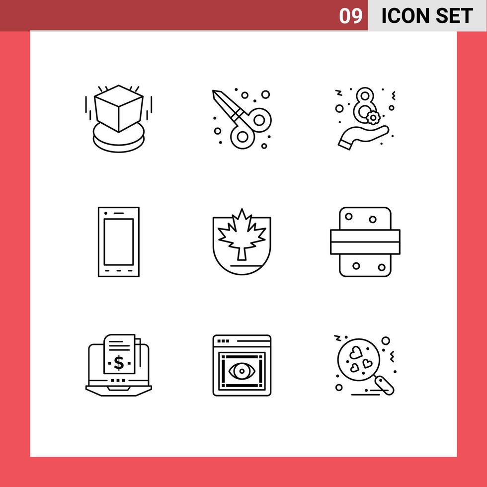 Modern Set of 9 Outlines Pictograph of shield leaf eight security phone Editable Vector Design Elements