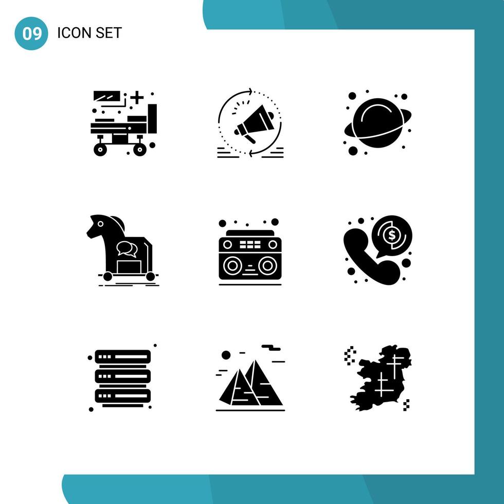 Modern Set of 9 Solid Glyphs Pictograph of audio trojan loudspeaker internet cybercrime Editable Vector Design Elements