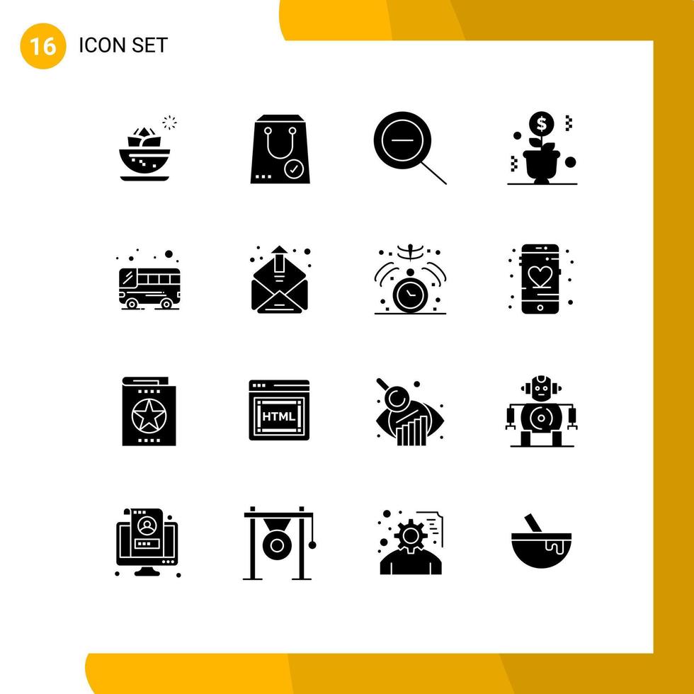 User Interface Pack of 16 Basic Solid Glyphs of bus pot package plant growing Editable Vector Design Elements