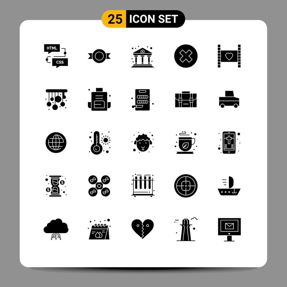 Pack of 25 creative Solid Glyphs of heart remove bank multimedia close Editable Vector Design Elements