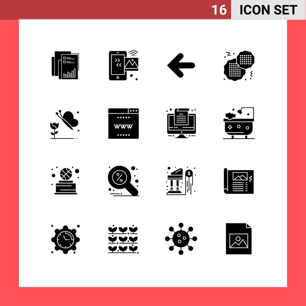 16 User Interface Solid Glyph Pack of modern Signs and Symbols of food point back internet back arrow Editable Vector Design Elements