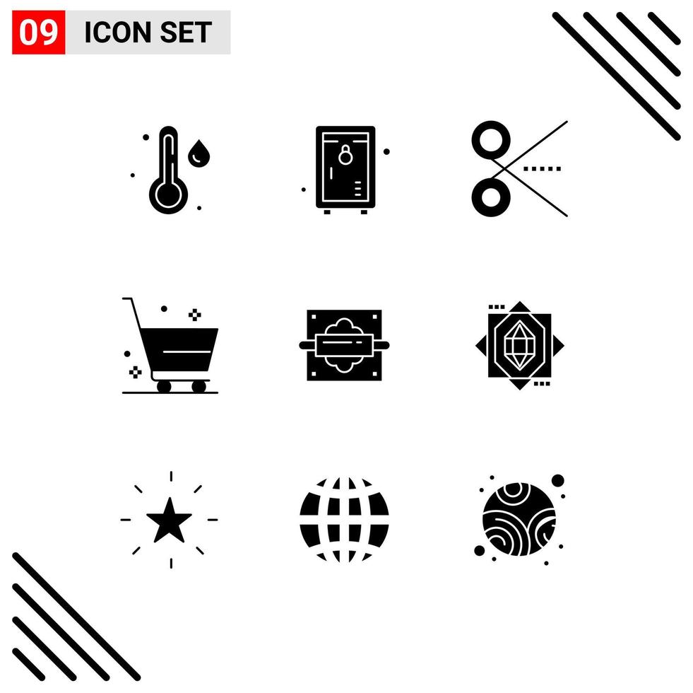 Pack of 9 Modern Solid Glyphs Signs and Symbols for Web Print Media such as pin shopping office e commerce cart Editable Vector Design Elements