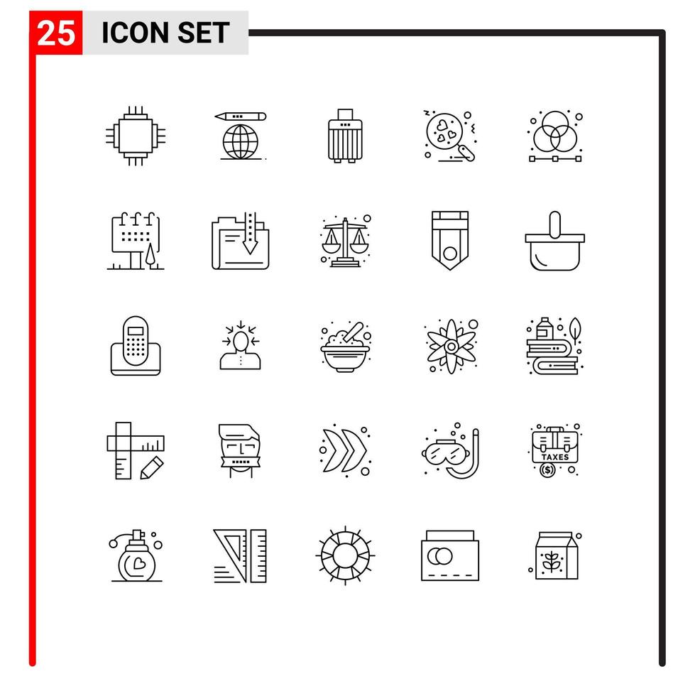 Paquete de 25 líneas de interfaz de usuario de signos y símbolos modernos de elementos de diseño vectorial editables de corazón de búsqueda de bolsa creativa de diseñador vector