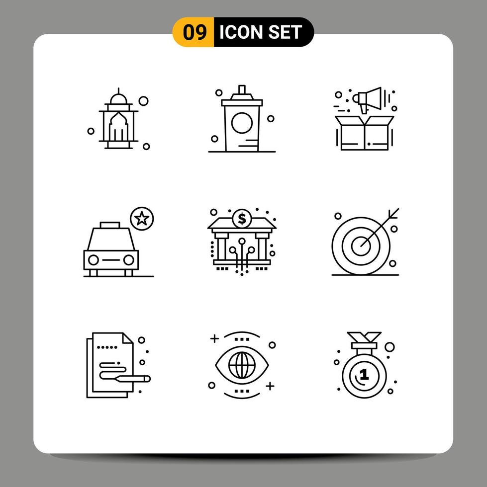 Mobile Interface Outline Set of 9 Pictograms of vehicles important hot car product Editable Vector Design Elements