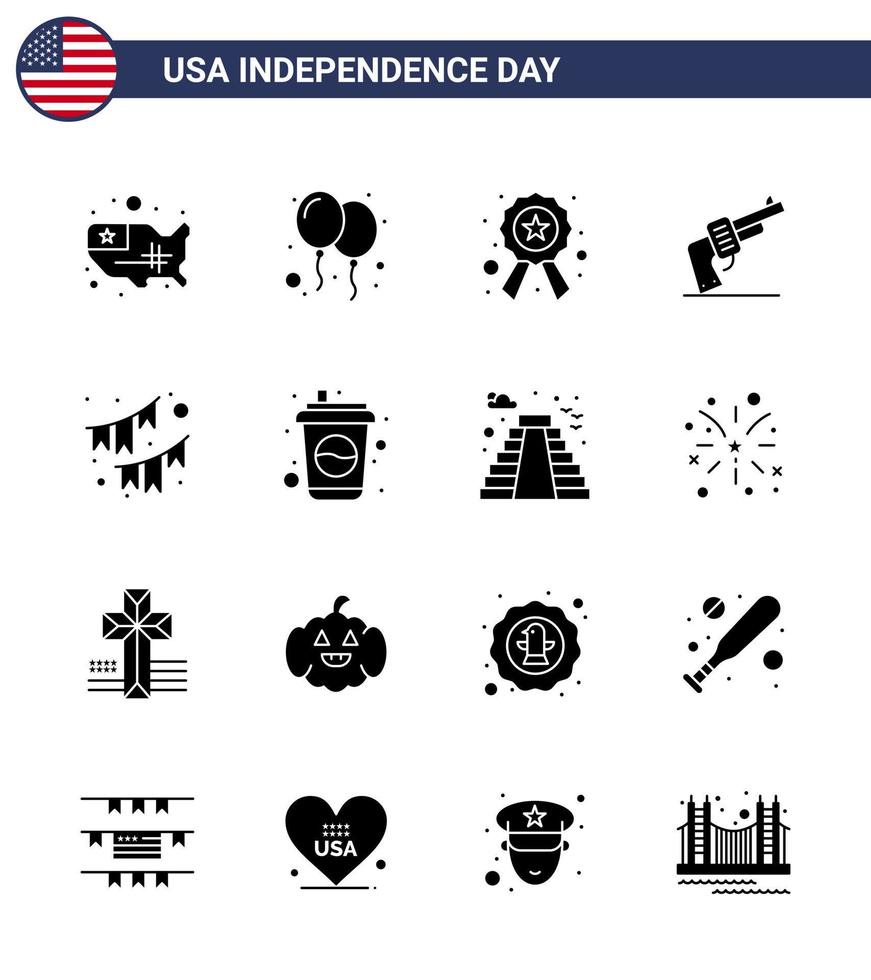 4th July USA Happy Independence Day Icon Symbols Group of 16 Modern Solid Glyphs of buntings american badge weapon gun Editable USA Day Vector Design Elements