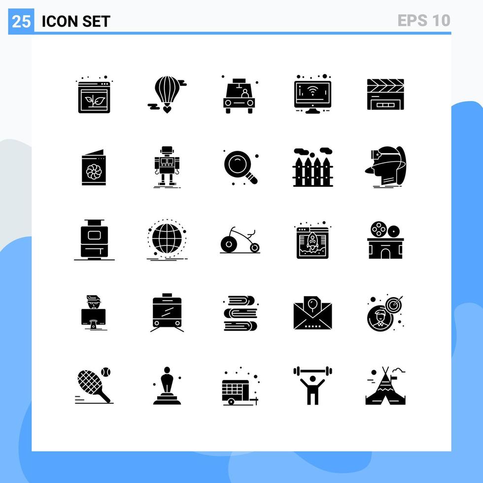 Pack of 25 creative Solid Glyphs of clapboard screen valentine monitor pin Editable Vector Design Elements