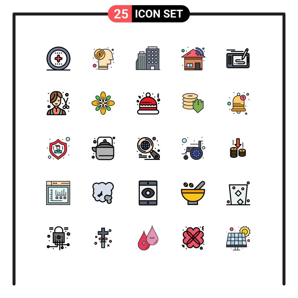 Pack of 25 Modern Filled line Flat Colors Signs and Symbols for Web Print Media such as pencil design hotel smart home Editable Vector Design Elements