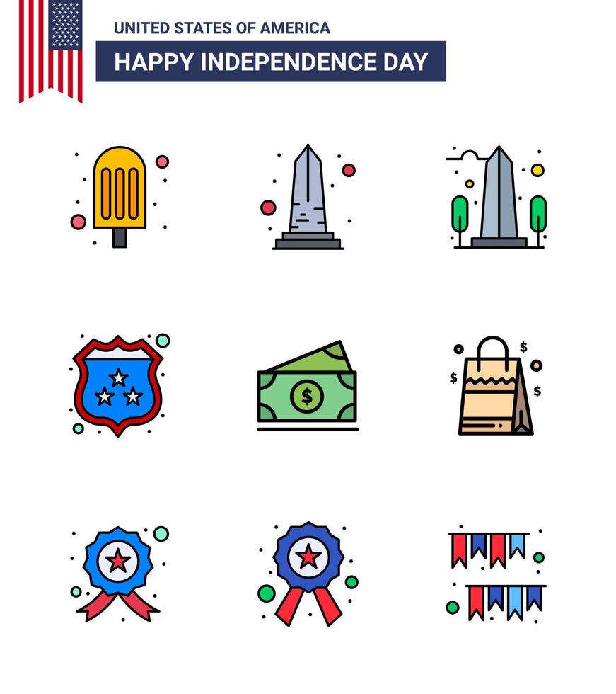 grupo de 9 líneas rellenas planas establecidas para el día de la independencia de los estados unidos de américa, como bolso de mano usa elementos de diseño vectorial editables del dólar estadounidense vector