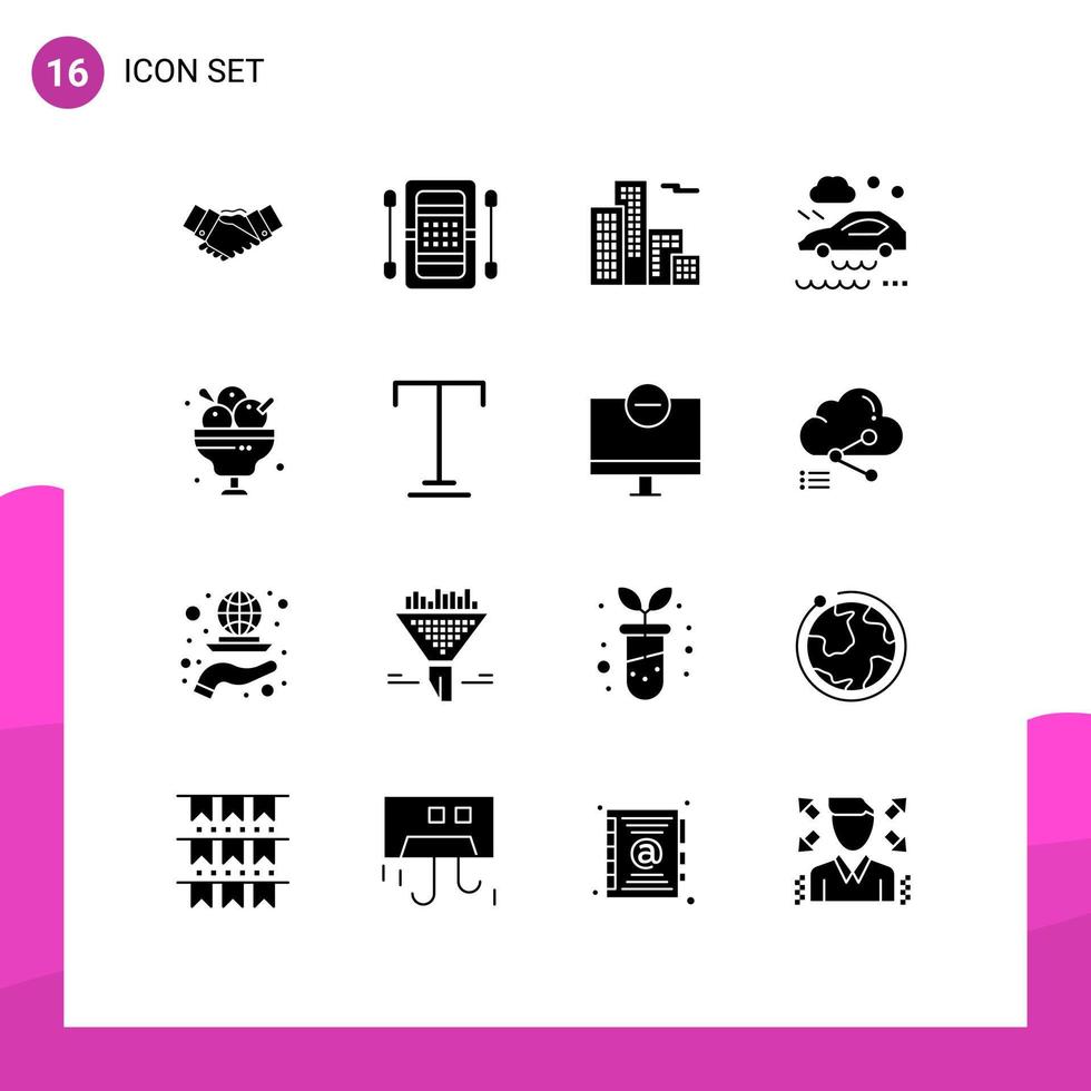 Modern Set of 16 Solid Glyphs Pictograph of wet road car boat bad weather condition building Editable Vector Design Elements