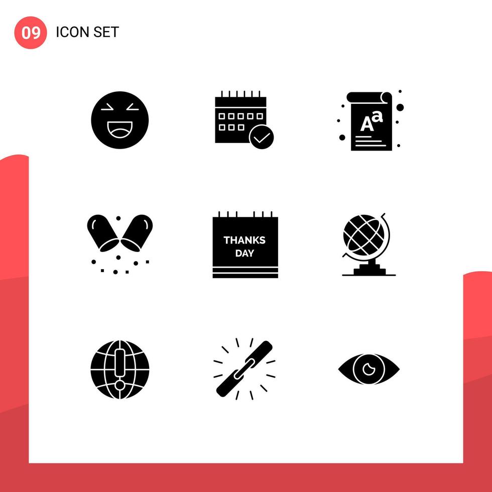Set of 9 Commercial Solid Glyphs pack for medical healthcare event board document Editable Vector Design Elements