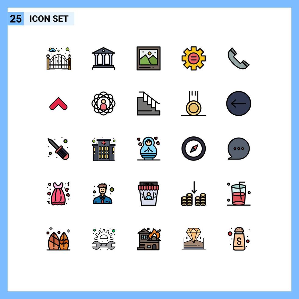 Pack of 25 Modern Filled line Flat Colors Signs and Symbols for Web Print Media such as contact gear camera setting world Editable Vector Design Elements